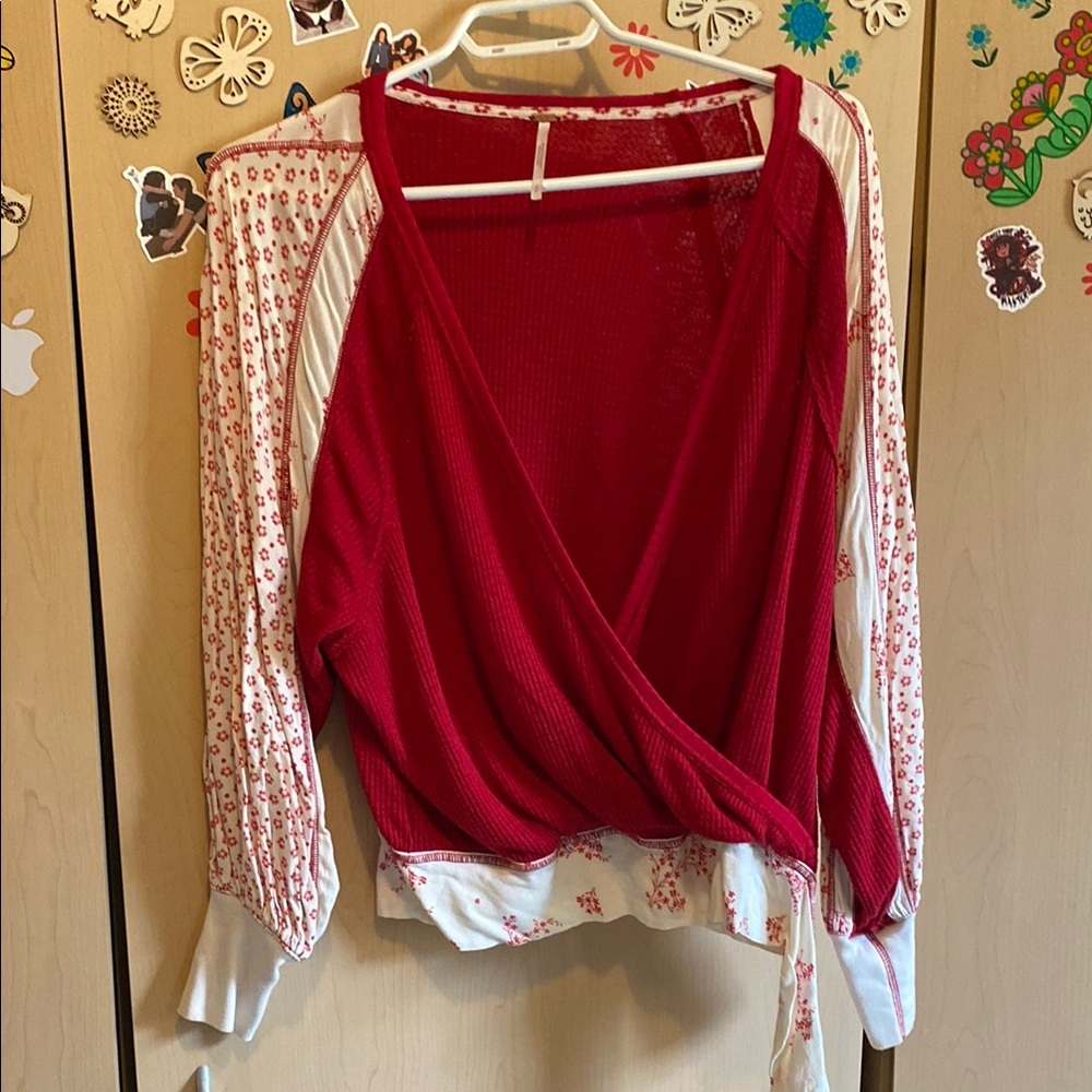 Red and White Women's Wrap Top